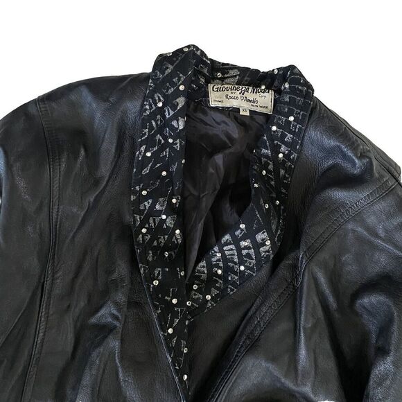 VTG Giovinezza Moda BY Rocco D’Amelio BLACK LEATHER 80s Jacket Rhinestone Xs - Picture 3 of 9